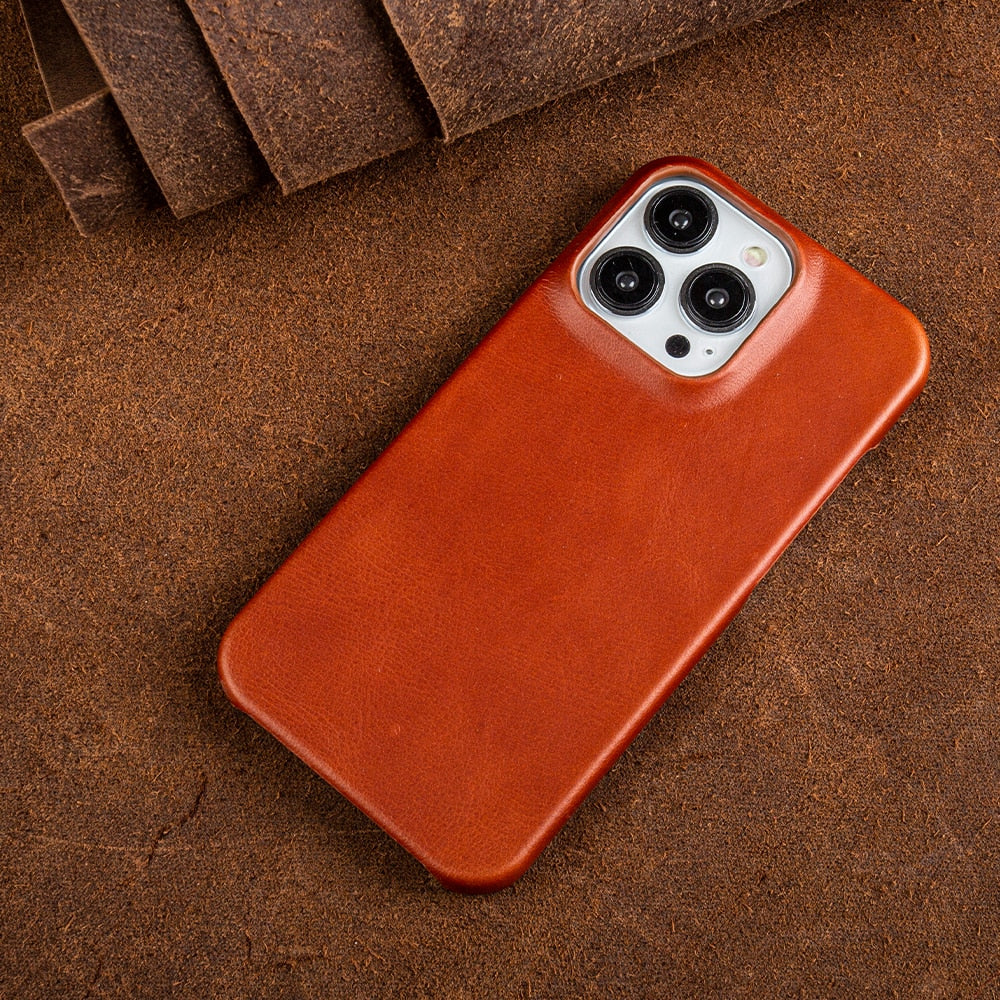 Premium Vintage Retro Genuine Leather Case for iPhone - Luxury Business Phone Aesthetic Red orange5208 / For iphone14 Pro Max - sky-case