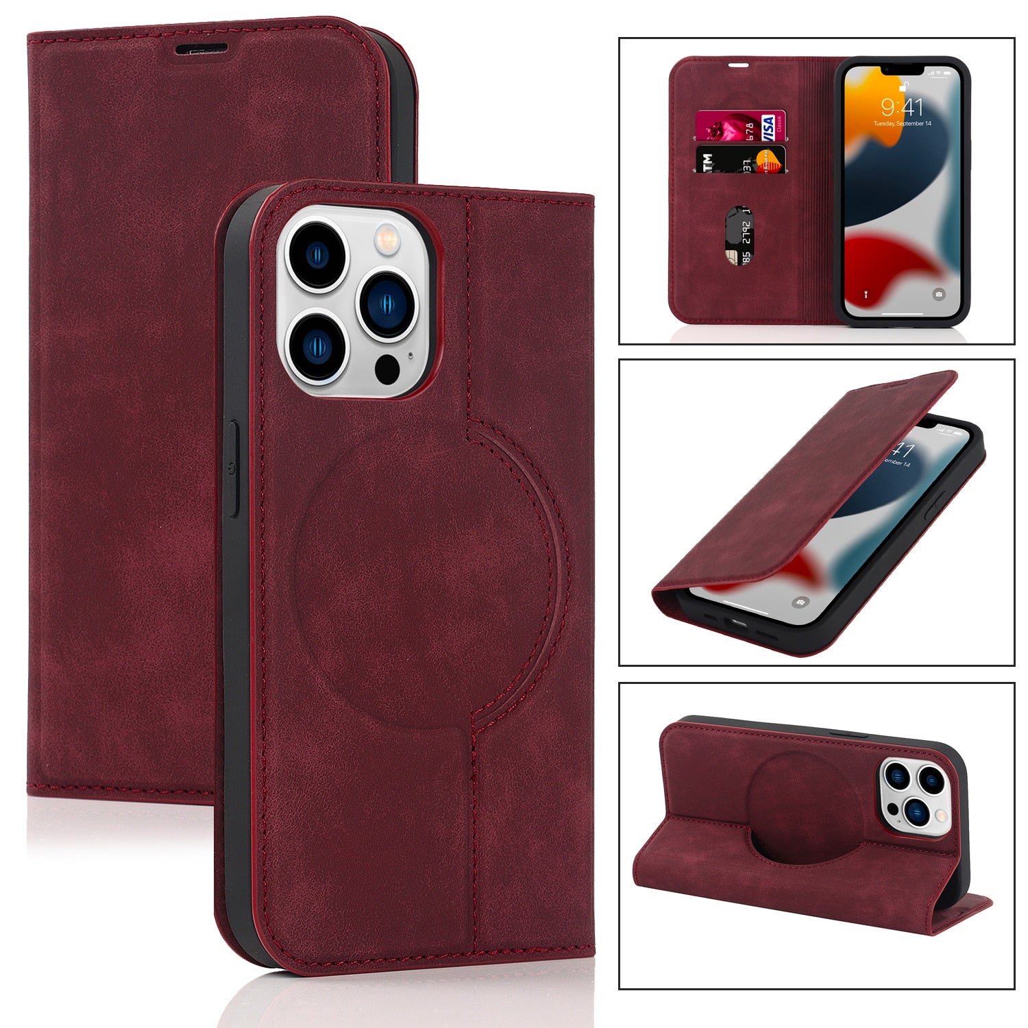 Magnetic Leather Wallet Phone Cover for IPhone Magsafe Wireless Charging Kickstand Card Slot Case For iphone 14ProMax Red