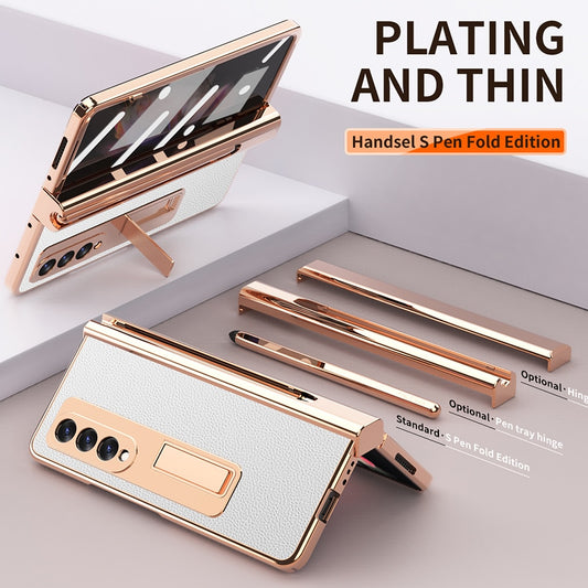 Luxury Electroplated PU Leather Holder Case For Samsung Galaxy Z Fold 3 W22 5G Cover With S Pen Slot Full Protection Hinges Capa - sky-case