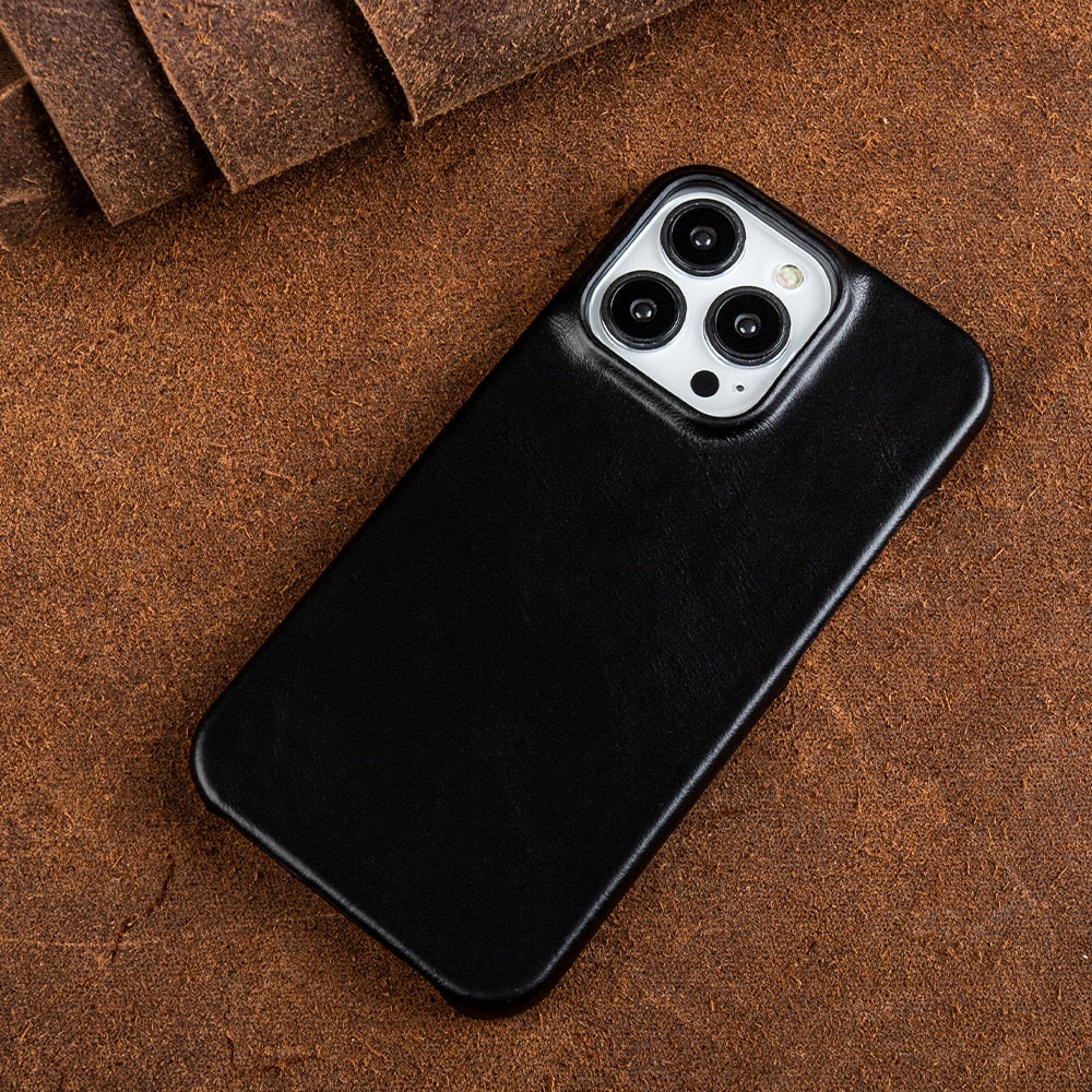 Premium Vintage Retro Genuine Leather Case for iPhone - Luxury Business Phone Aesthetic Black5201 / For iphone14 Pro Max - sky-case