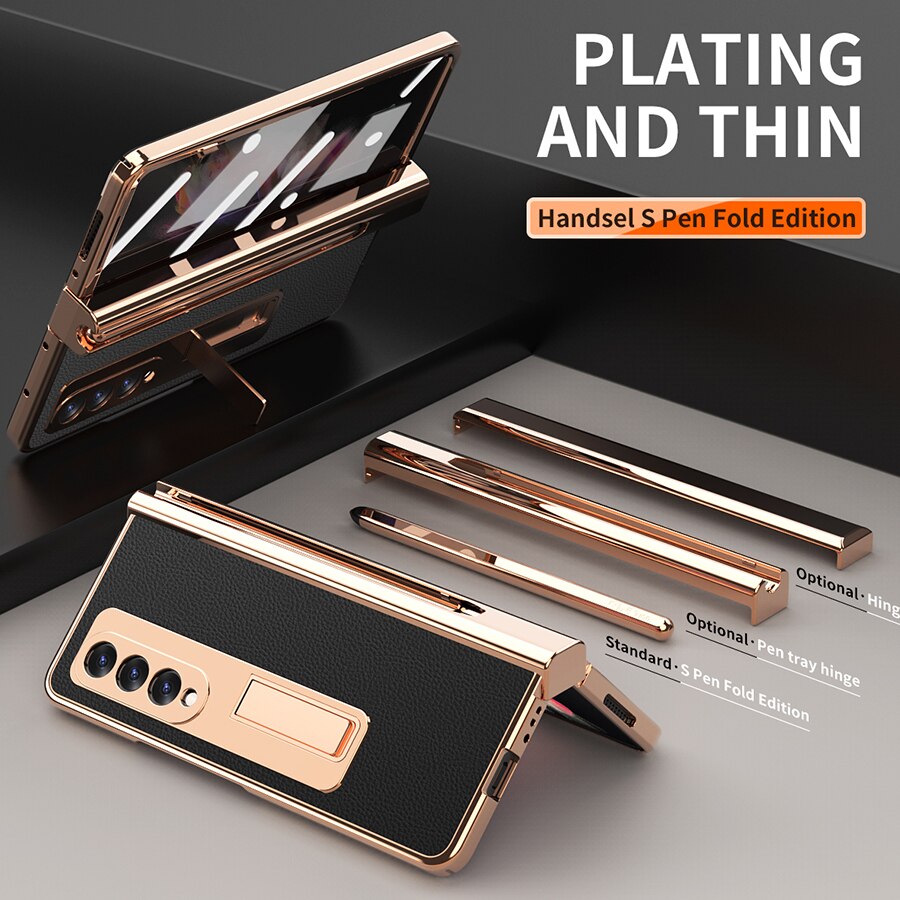 Luxury Electroplated PU Leather Holder Case For Samsung Galaxy Z Fold 3 W22 5G Cover With S Pen Slot Full Protection Hinges Capa Black / For SAM Z Fold 3 5G - sky-case