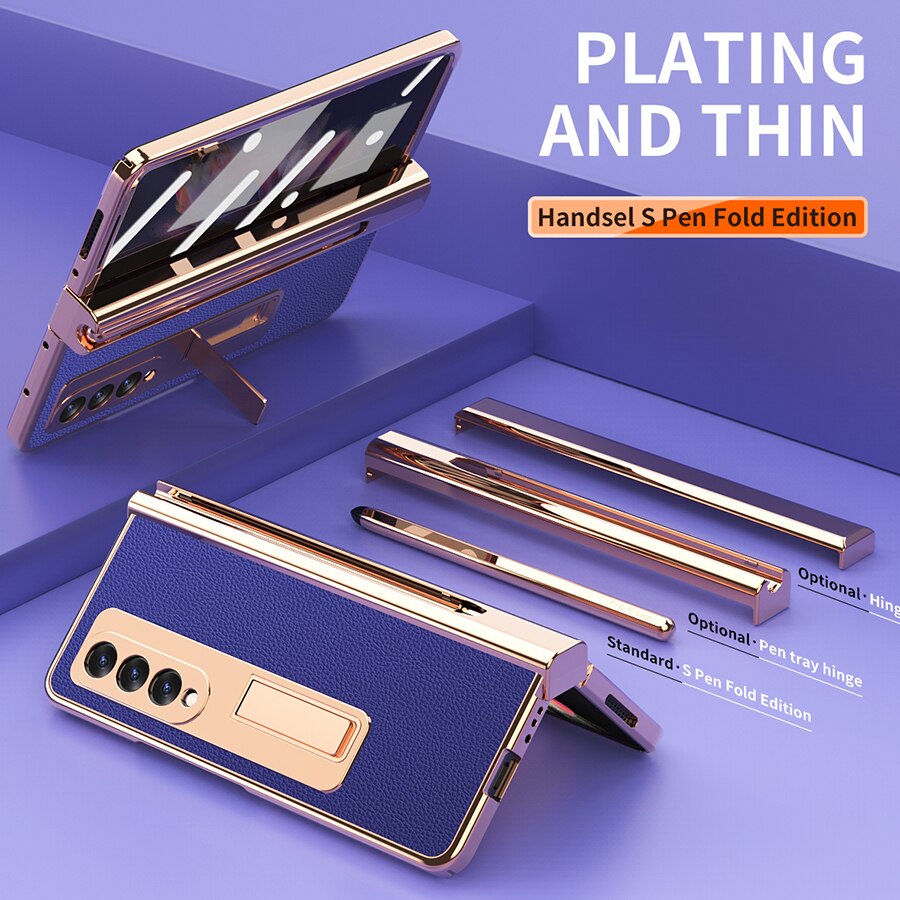 Luxury Electroplated PU Leather Holder Case For Samsung Galaxy Z Fold 3 W22 5G Cover With S Pen Slot Full Protection Hinges Capa Purple / For SAM Z Fold 3 5G - sky-case