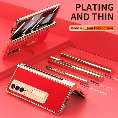 Luxury Electroplated PU Leather Holder Case For Samsung Galaxy Z Fold 3 W22 5G Cover With S Pen Slot Full Protection Hinges Capa Red / For SAM Z Fold 3 5G - sky-case