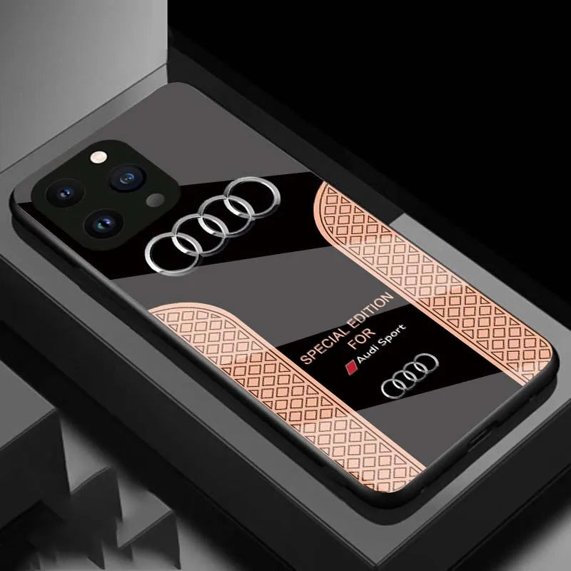 Luxury Audi Sports Car Pattern Phone Case Glass Hard Shell for iPhone 15 14 13 12 11 Pro Max 12 Mini Protection Back Cover - sky-case