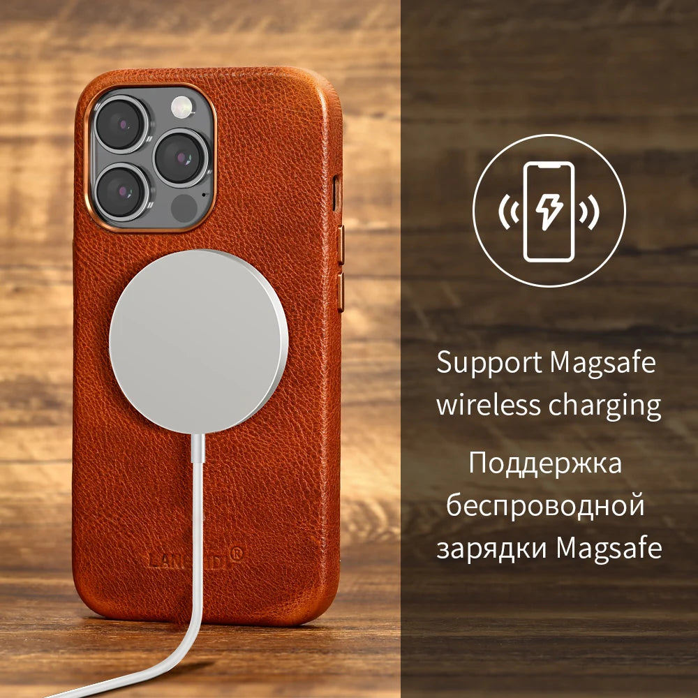 Magsafe genuine leather back cover - magnetic wireless charging - full protection - sky-case