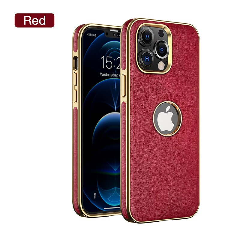 iPhone 13 Pro Max leather case with gold straight edge anti-fall Red / For iPhone 15 pro max - sky-case