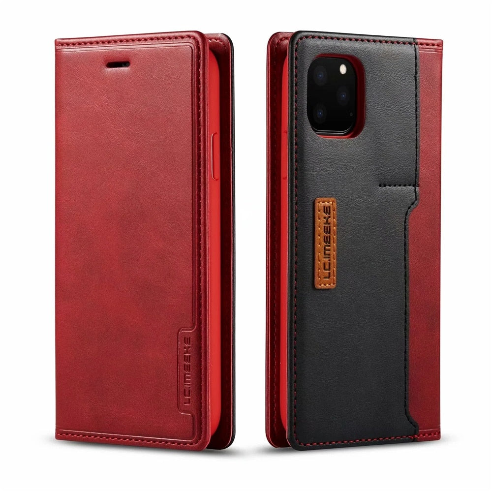 iPhone 14 13 12 11 Pro Max Leather Case Cover with Micro Magnetic Sim Card Slots Red / For iPhone X - sky-case