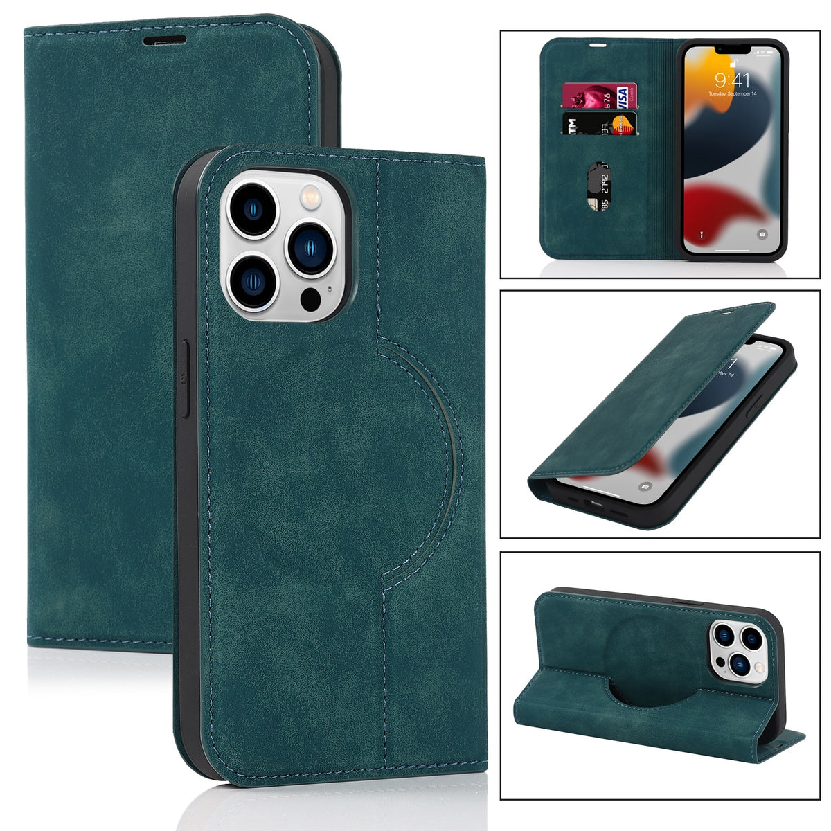 Magnetic Leather Wallet Phone Cover for IPhone - Magsafe Wireless Charging - Kickstand Card Slot Case For iphone 14ProMax / Blue - sky-case
