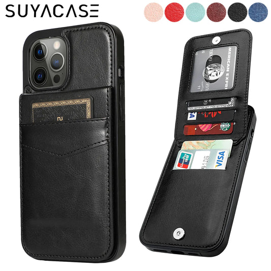 iPhone 15 Pro Case Leather Phone Case for iPhone 15, 14, 13, 12, 11 Pro Max - Card Slot, Cover Stand, Shockproof Cover - sky-case