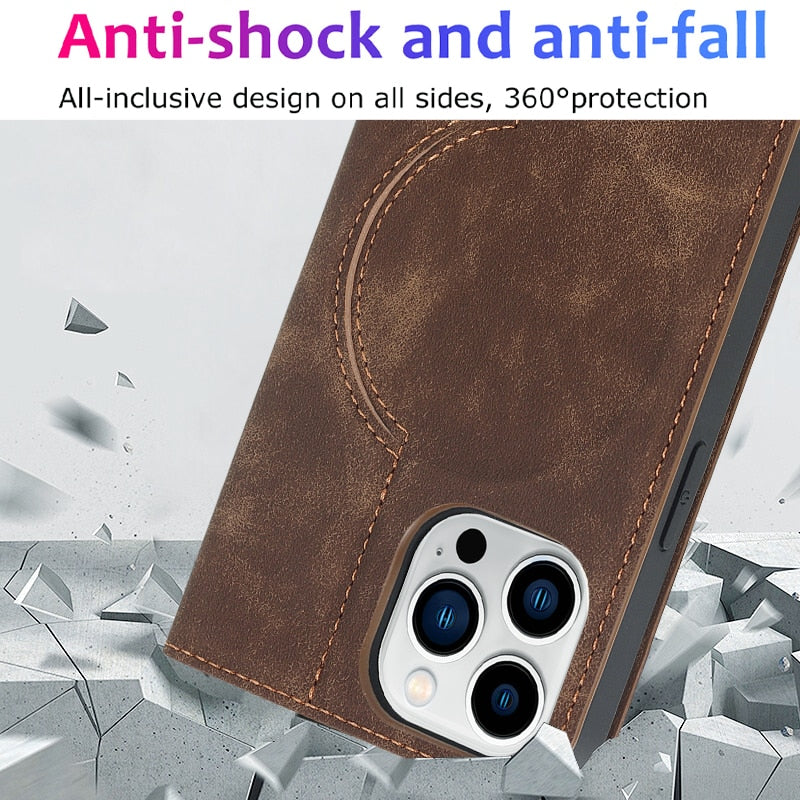 Magnetic Leather Wallet Phone Cover for IPhone - Magsafe Wireless Charging - Kickstand Card Slot Case - sky-case