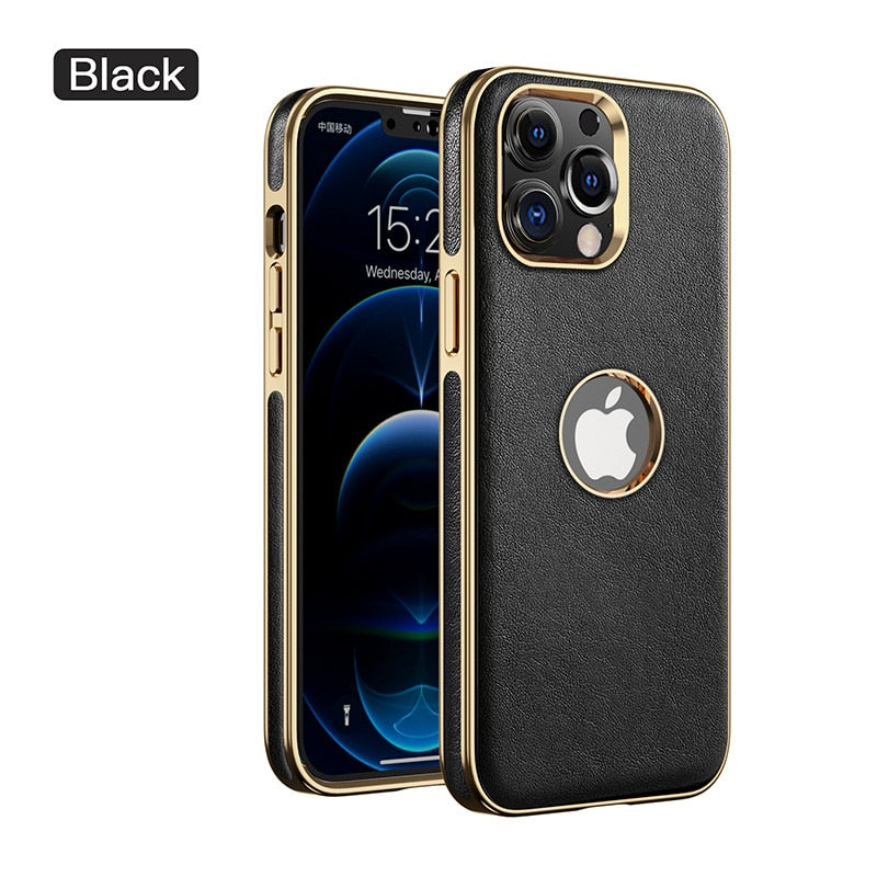 iPhone 13 Pro Max leather case with gold straight edge anti-fall - sky-case
