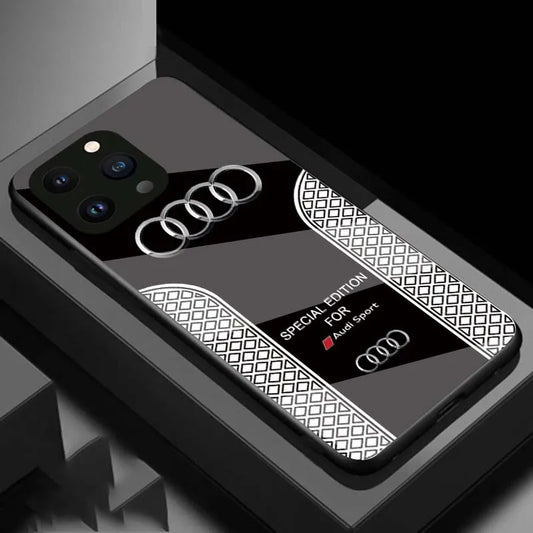 Luxury Audi Sports Car Pattern Phone Case Glass Hard Shell for iPhone 15 14 13 12 11 Pro Max 12 Mini Protection Back Cover Black / for iPhone 15Pro Max - sky-case
