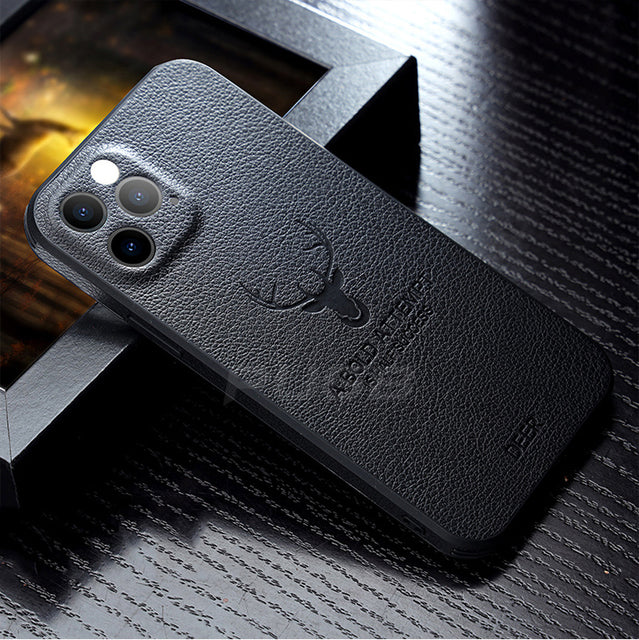 Luxury Leather Texture Square Case 3D Deer Head Full Camera Protection Shockproof Cover for iphone 13 pro max / Black - sky-case