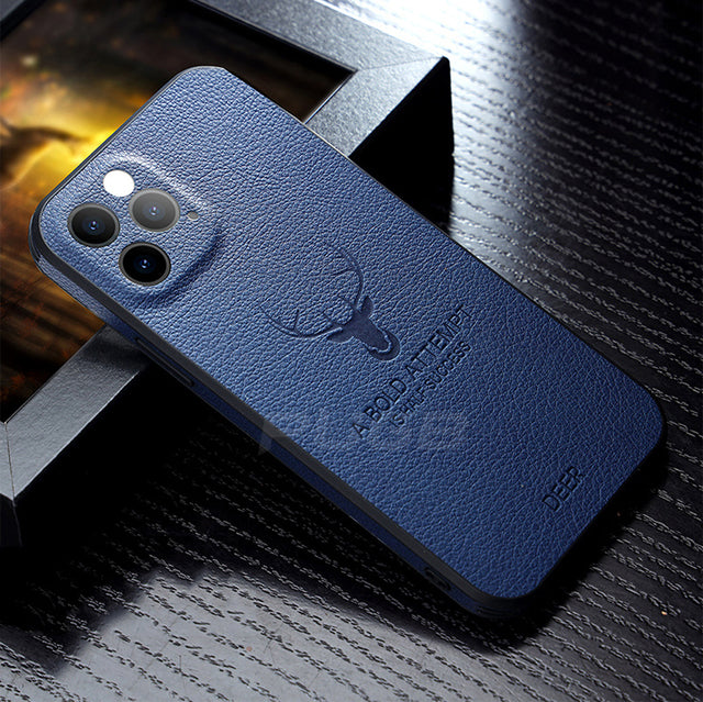 Luxury Leather Texture Square Case 3D Deer Head Full Camera Protection Shockproof Cover for iphone 13 pro max / Blue - sky-case