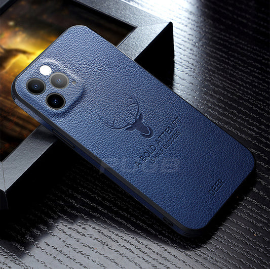 Luxury Leather Texture Square Case 3D Deer Head Full Camera Protection Shockproof Cover for iphone 12 / Blue - sky-case