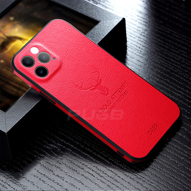 Luxury Leather Texture Square Case 3D Deer Head Full Camera Protection Shockproof Cover for iphone 13 pro max / Red - sky-case