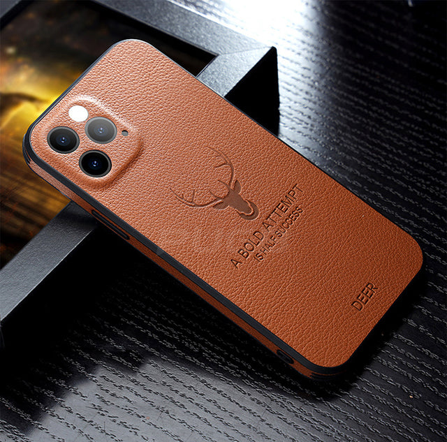 Luxury Leather Texture Square Case 3D Deer Head Full Camera Protection Shockproof Cover for iphone 13 pro max / Brown - sky-case